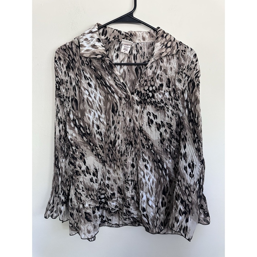 VTG 90s Grunge Leopard Cheetah Black Crinkle Plisse 3/4 Sleeve‎ Shirt Size SMALL